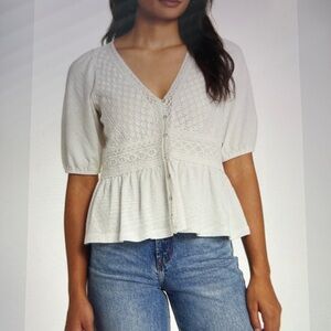 NWOT Lucky Brand Daydreamer Lace Crochet VNeck Peplum Short Sleeve Top White XXL